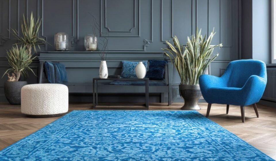 Dark gray-blue wainscoting panels behind a bench, with a blue armchair, patterned blue rug and potted snake plants