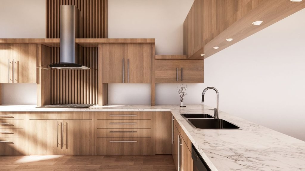 Modern kitchen with wood cabinets, a vertical slat wall and marble countertop, a modern take on wood beadboard wainscoting panels