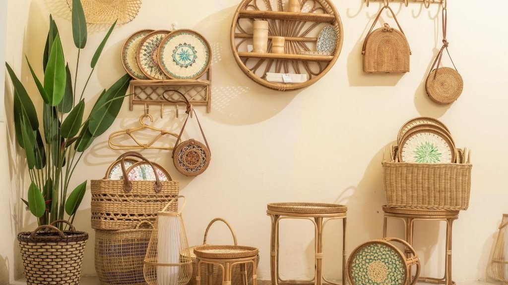 Rattan shelves, wicker baskets and woven trays on a cream wall, natural decor that pairs well with wood beadboard wainscoting panels