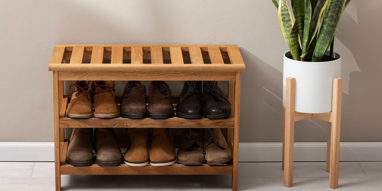 Wooden slatted shoe rack organizer bench with two shelves holding men's boots and leather shoes beside a potted snake plant